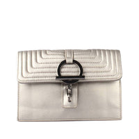 Silver Metallic Quilted Clutch Bag with Gunmetal Ring Clasp - Front View