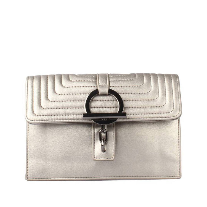 Silver Metallic Quilted Clutch Bag with Gunmetal Ring Clasp - Front View