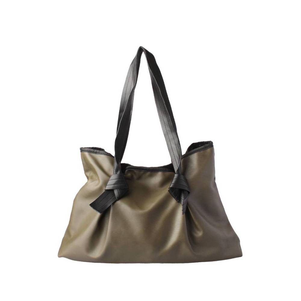 Olive Green Ruched Faux Leather Tote Bag - Full Front View
