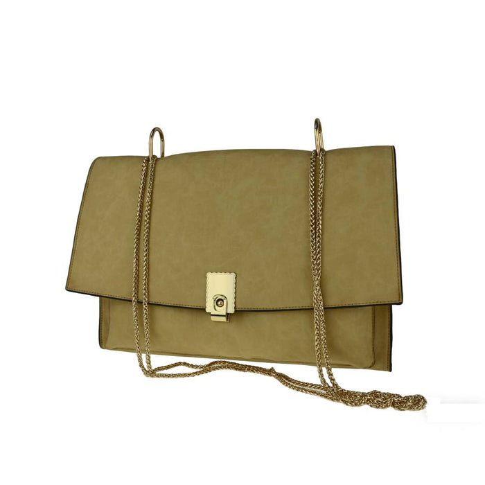 Beige Chain Shoulder Bag with Gold Lock Hardware - Angle View