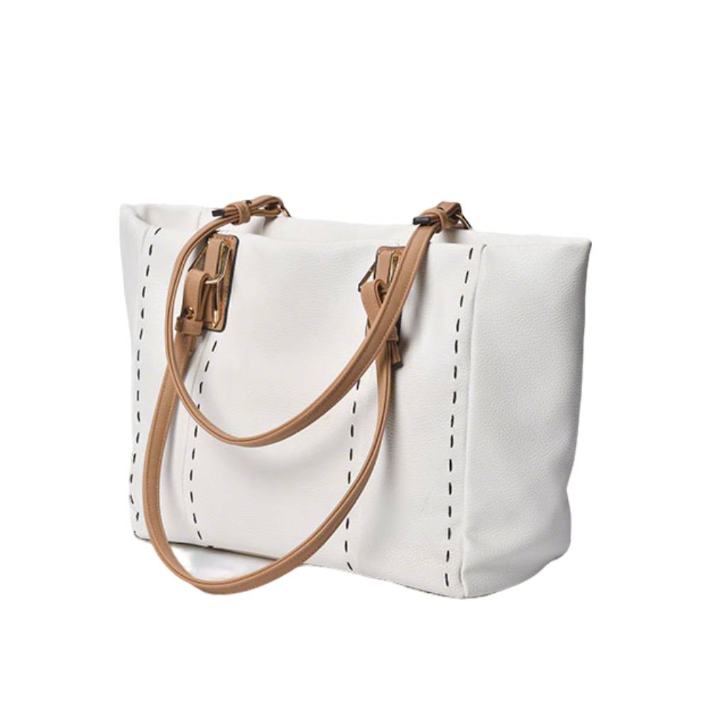 Side view of white pebbled leather tote bag, showing spacious capacity and durable construction.