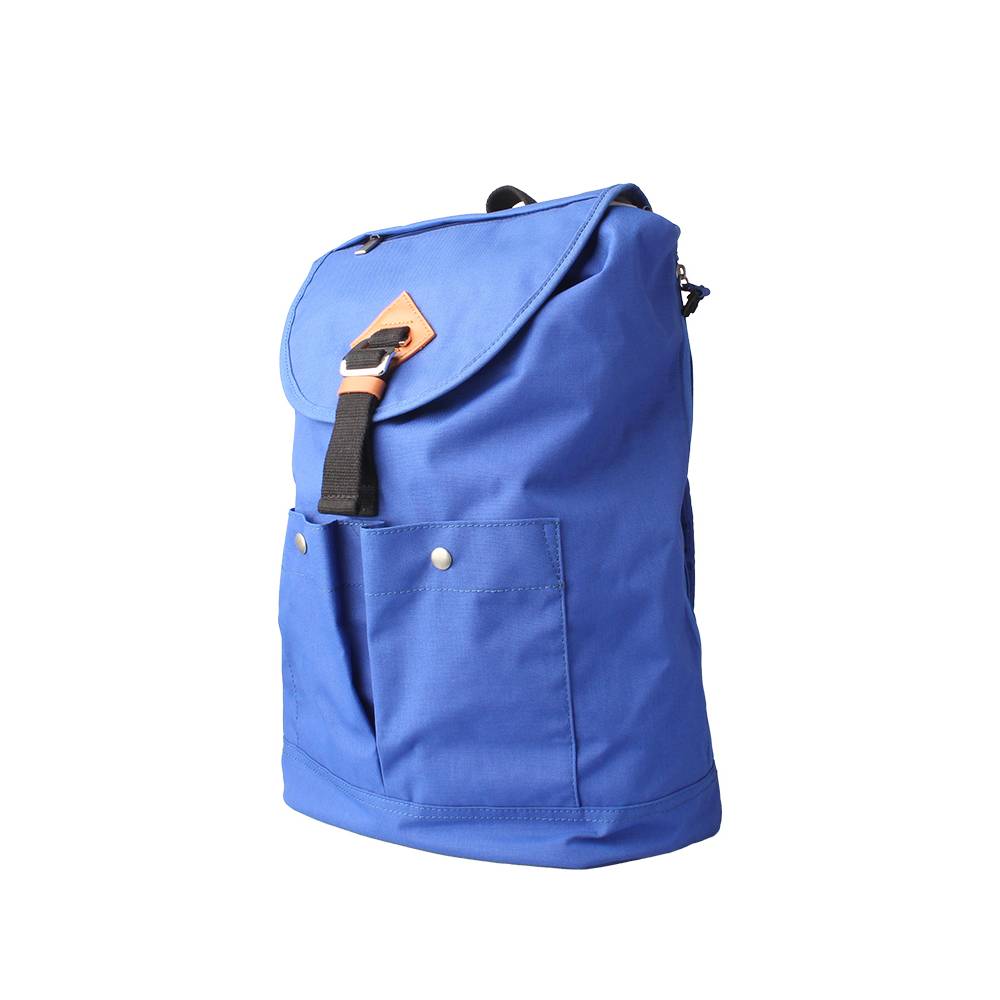 Blue Canvas Roll Top Backpack with Leather Accent - Front Angle View