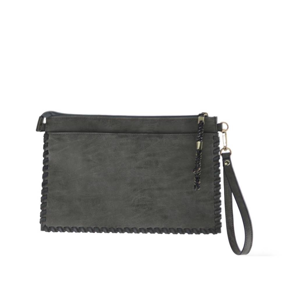 Dark Grey Textured Clutch Bag with Braided Edge - Full Front View