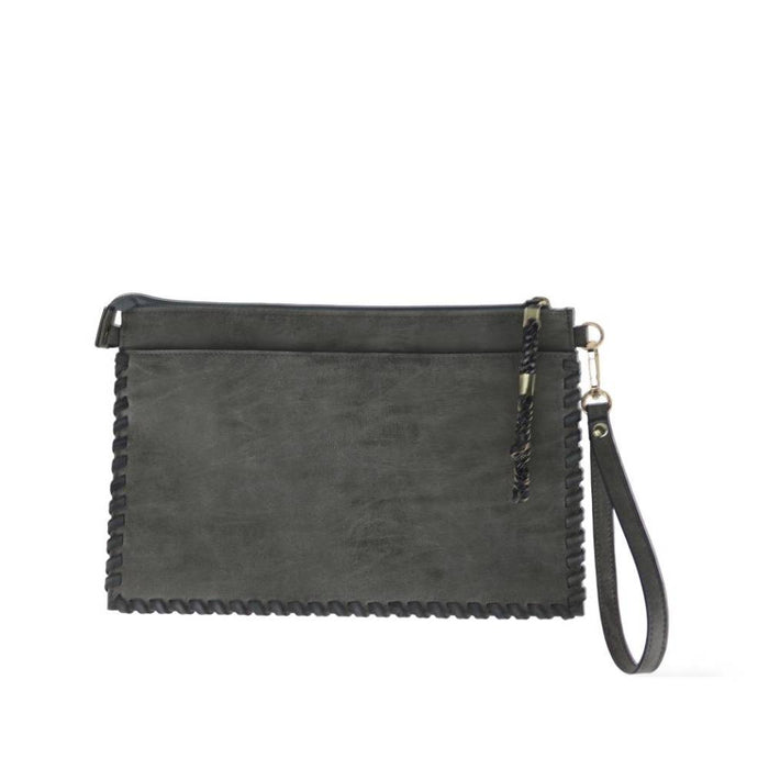 Dark Grey Textured Clutch Bag with Braided Edge - Full Front View