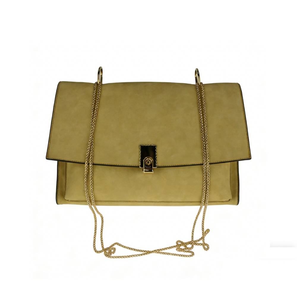 Beige Suede-like Chain Bag with Gold Lock Closure - Full Front View