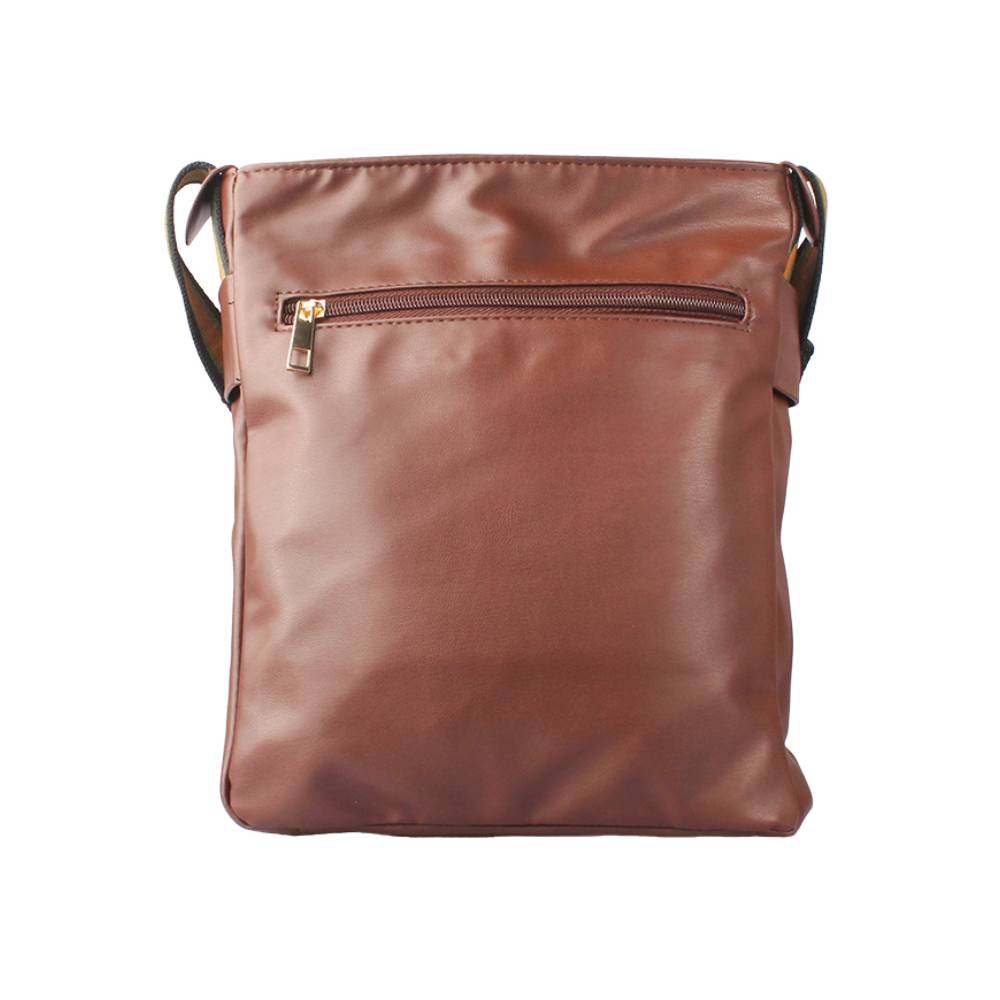 Front view of a brown smooth leather crossbody bag with a top zippered pocket and gold zipper pull, showcasing a minimalist rectangular design.