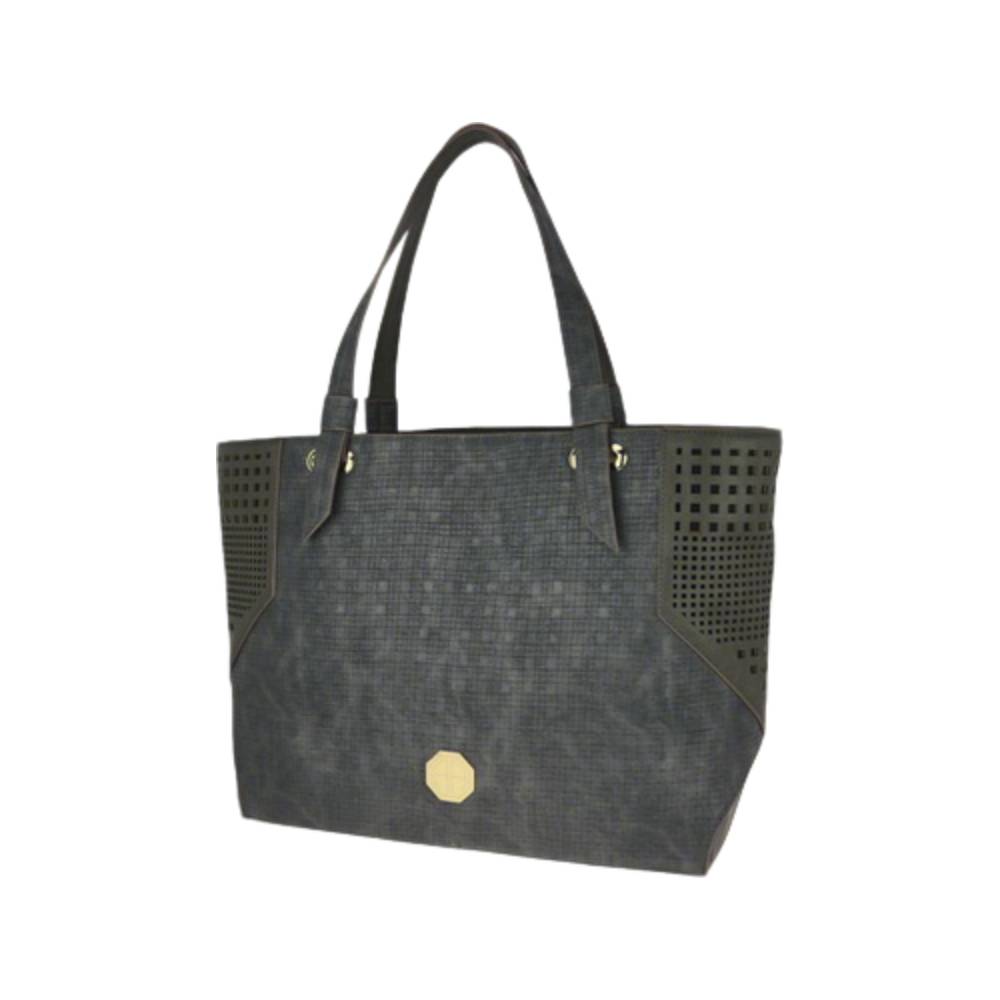 Dark Grey Textured Tote Bag with Perforated Side Details - Front Angle View