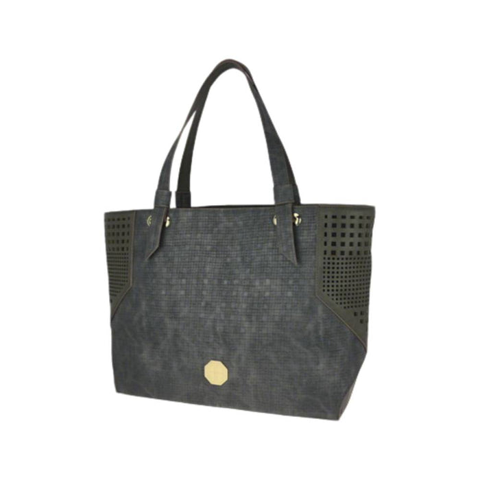 Dark Grey Textured Tote Bag with Perforated Side Details - Front Angle View