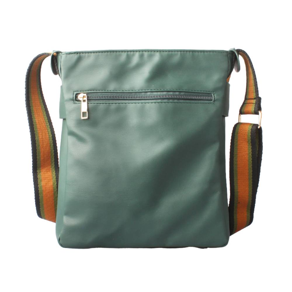 Front view of a teal smooth faux leather crossbody bag with a top zippered pocket and gold zipper pull, paired with a striped orange-green shoulder strap.
