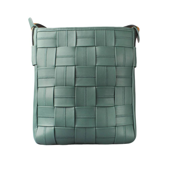 Front view of a teal woven leather crossbody bag with a checkered woven pattern, ideal for product listing and wholesale catalogs.