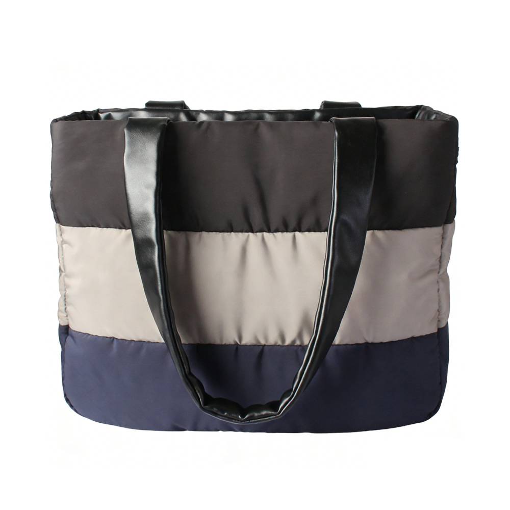 Color Block Padded Tote Bag with Faux Leather Handles - Close-Up View