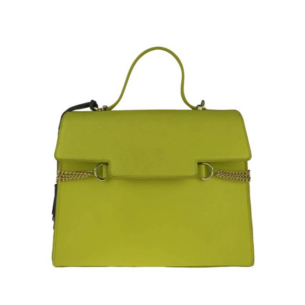 Lime Green Structured Handbag with Gold Chain Accents - Full Front View