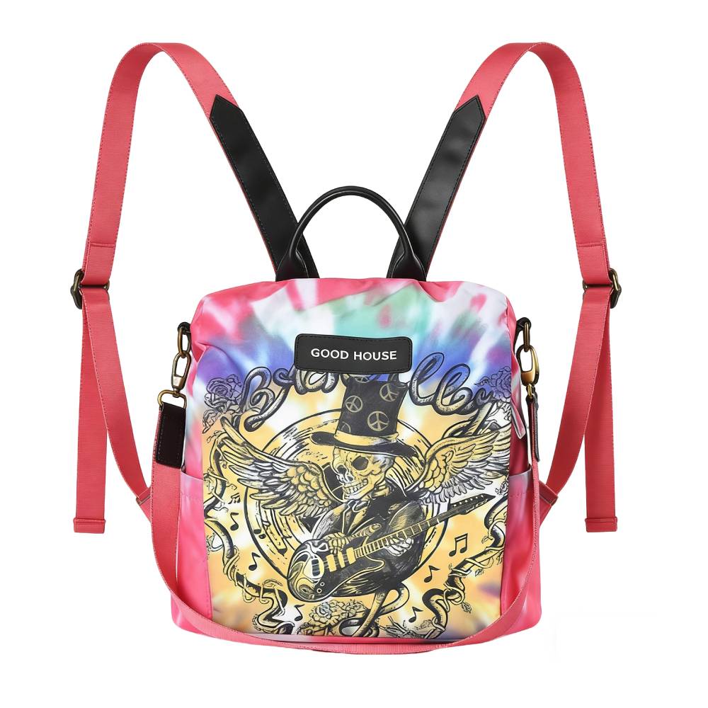 Tie-Dye Rock Skull Print Convertible Backpack with Pink Straps - Full Front View