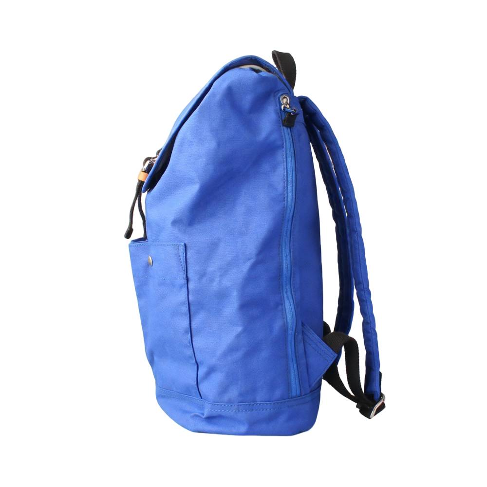 Blue Canvas Roll Top Backpack with Side Zipper Pocket - Right Side View