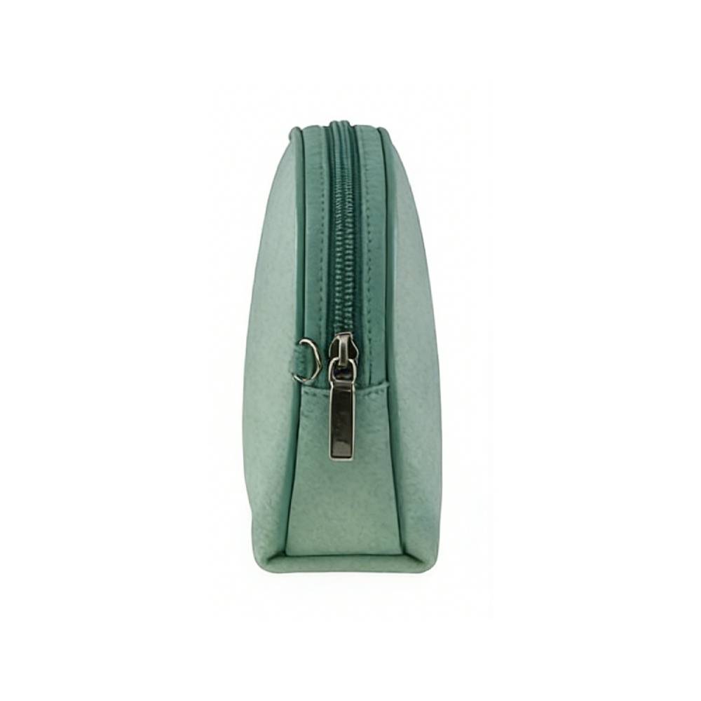 Side view of a small mint green zippered pouch with silver metal zipper pull, showing compact structured shape and precise stitching.
