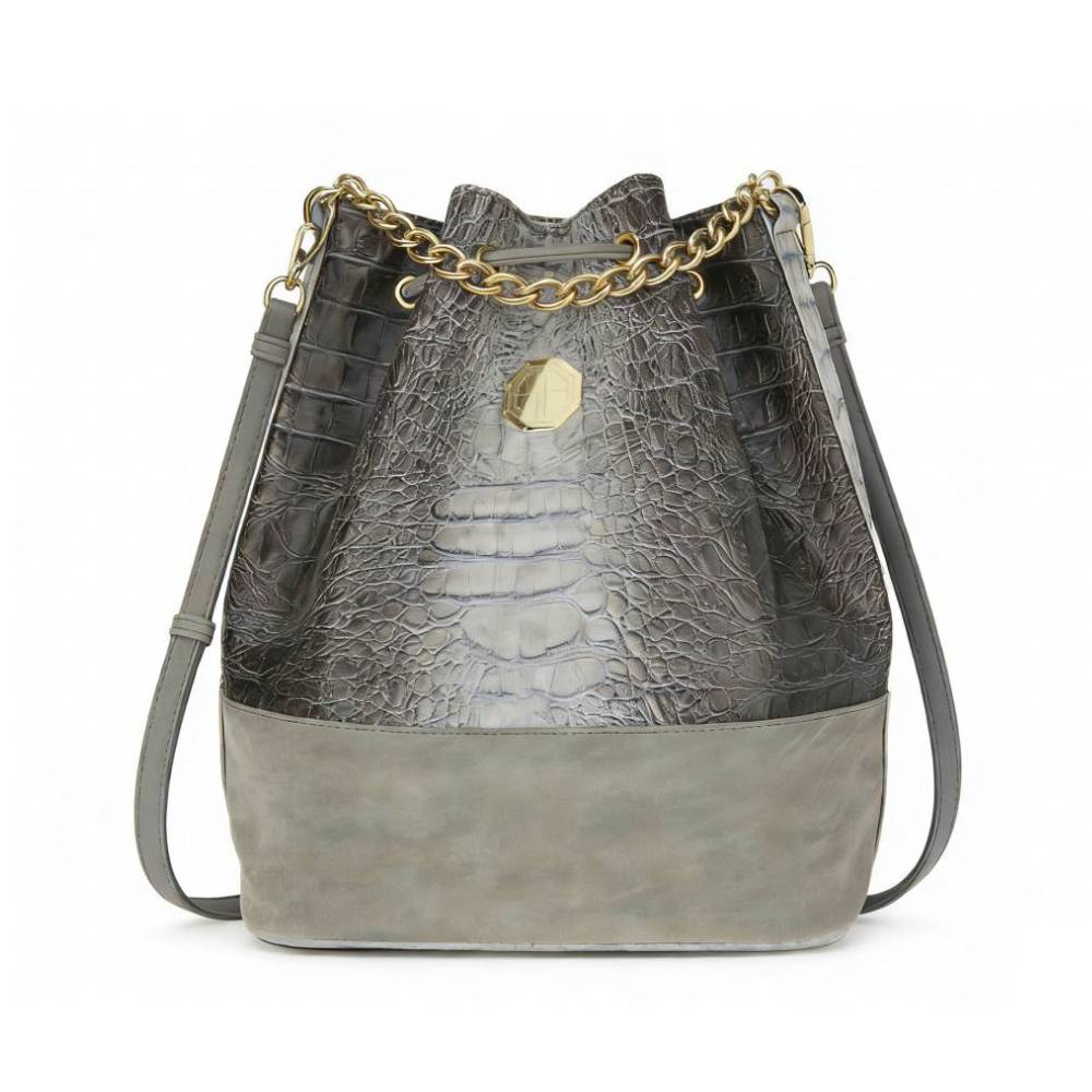 Gray two-tone crocodile-embossed bucket bag with gold chain drawstring and octagonal emblem, versatile shoulder bag for wholesale.