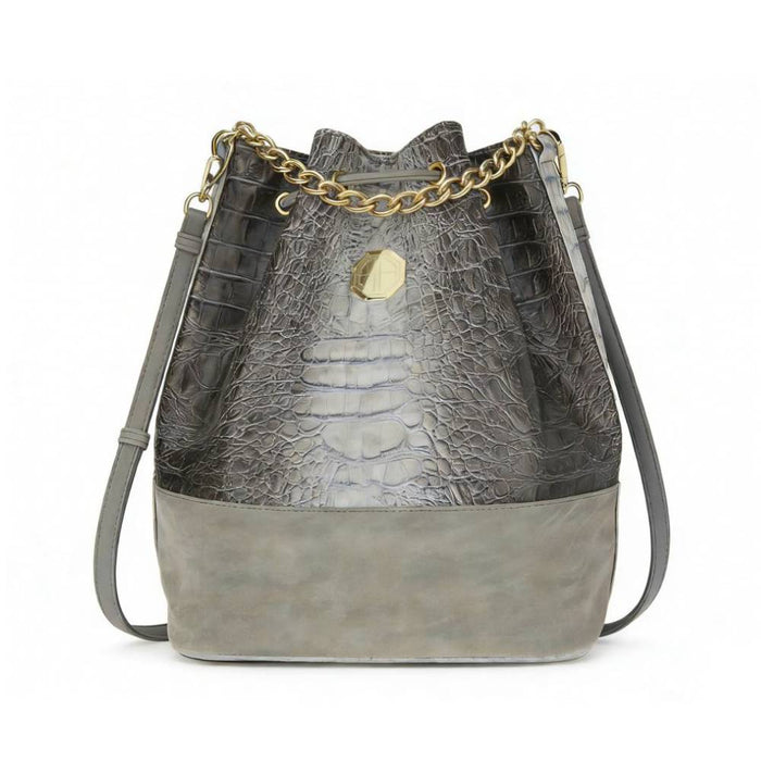 Gray two-tone crocodile-embossed bucket bag with gold chain drawstring and octagonal emblem, versatile shoulder bag for wholesale.