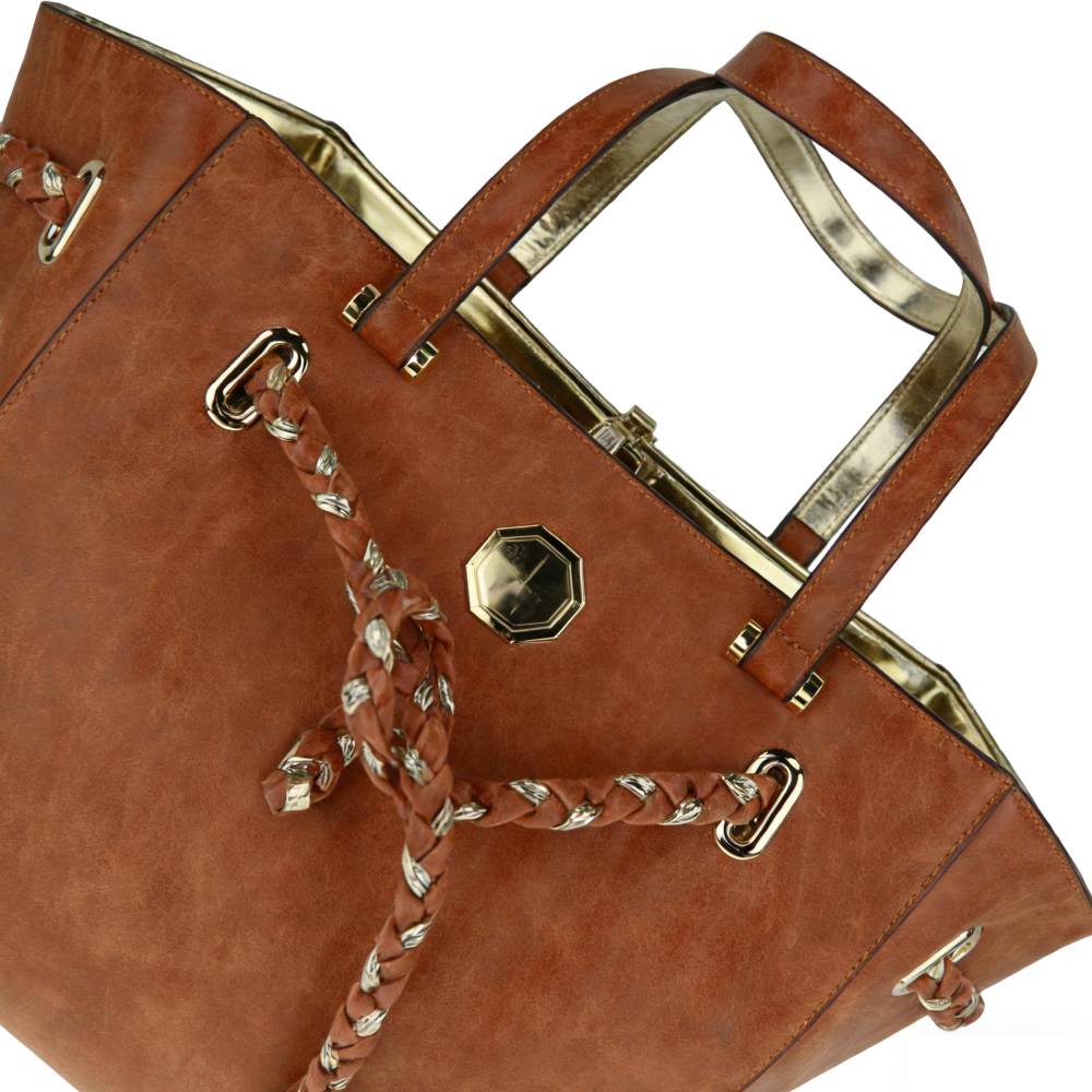 Tan Tote Bag - Braided Rope & Gold Monogram Emblem Detail View