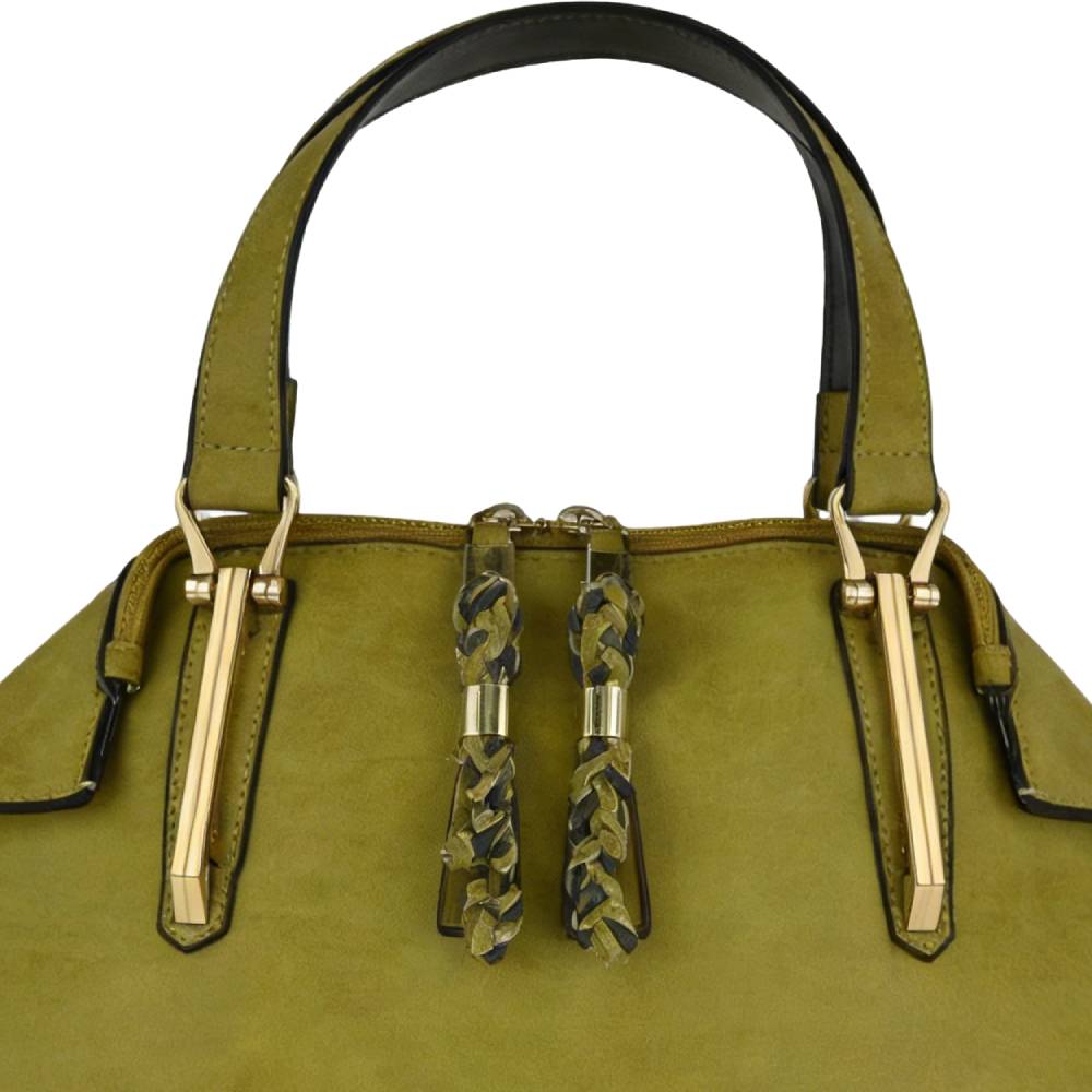 Olive Green Satchel Bag - Gold Hardware & Braided Tassel Detail View