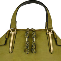 Olive Green Satchel Bag - Gold Hardware & Braided Tassel Detail View