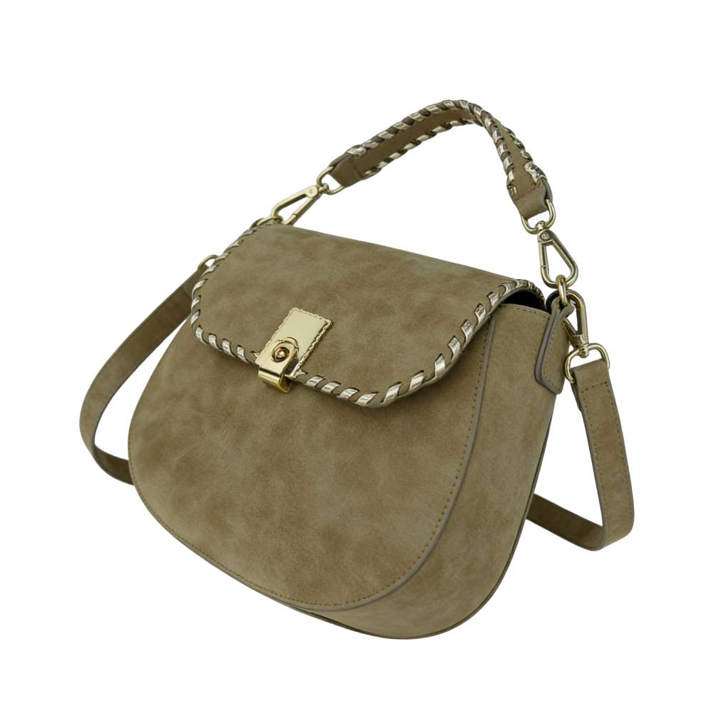 Olive Green Suede Saddle Bag with Detachable Shoulder Strap - Side Angle View