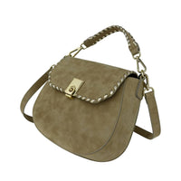Olive Green Suede Saddle Bag with Detachable Shoulder Strap - Side Angle View