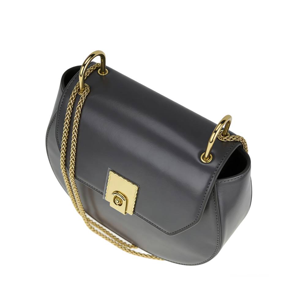 Dark Grey Smooth Saddle Bag with Gold Chain Strap - Angle Detail View