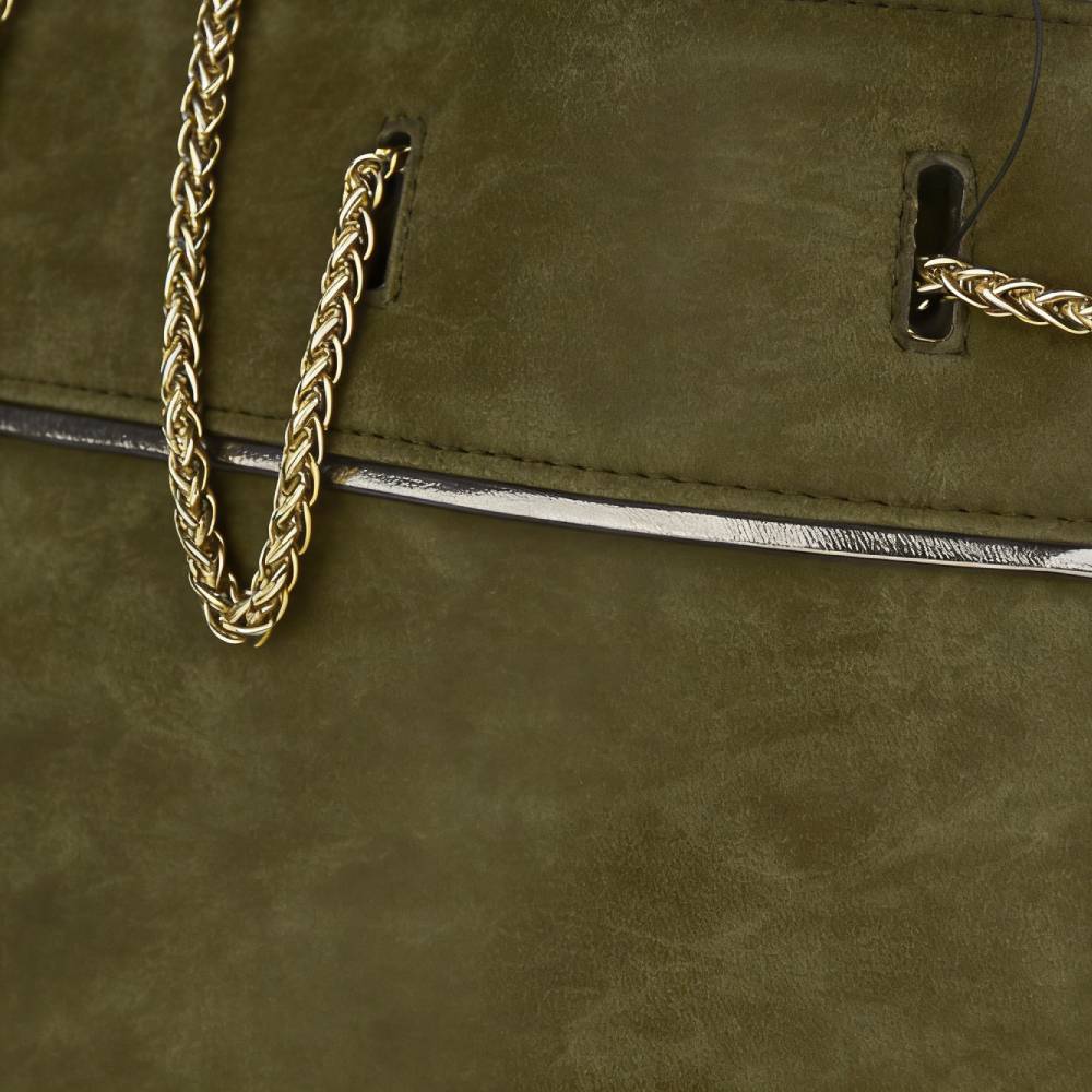 Close-up of olive green suede texture with gold chain strap and metallic trim, highlighting premium material and craftsmanship.