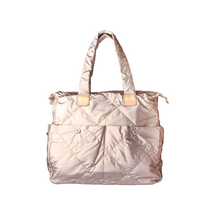 Champagne Gold Quilted Tote Bag with Front Snap Pockets - Full Front View
