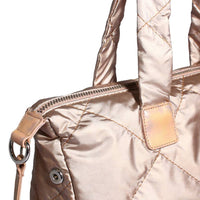 Champagne Gold Quilted Tote Bag - Leather Patch & Silver Hardware Detail