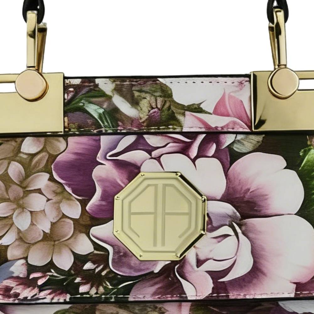 Floral Print Handbag - Gold Hardware & Floral Pattern Detail View
