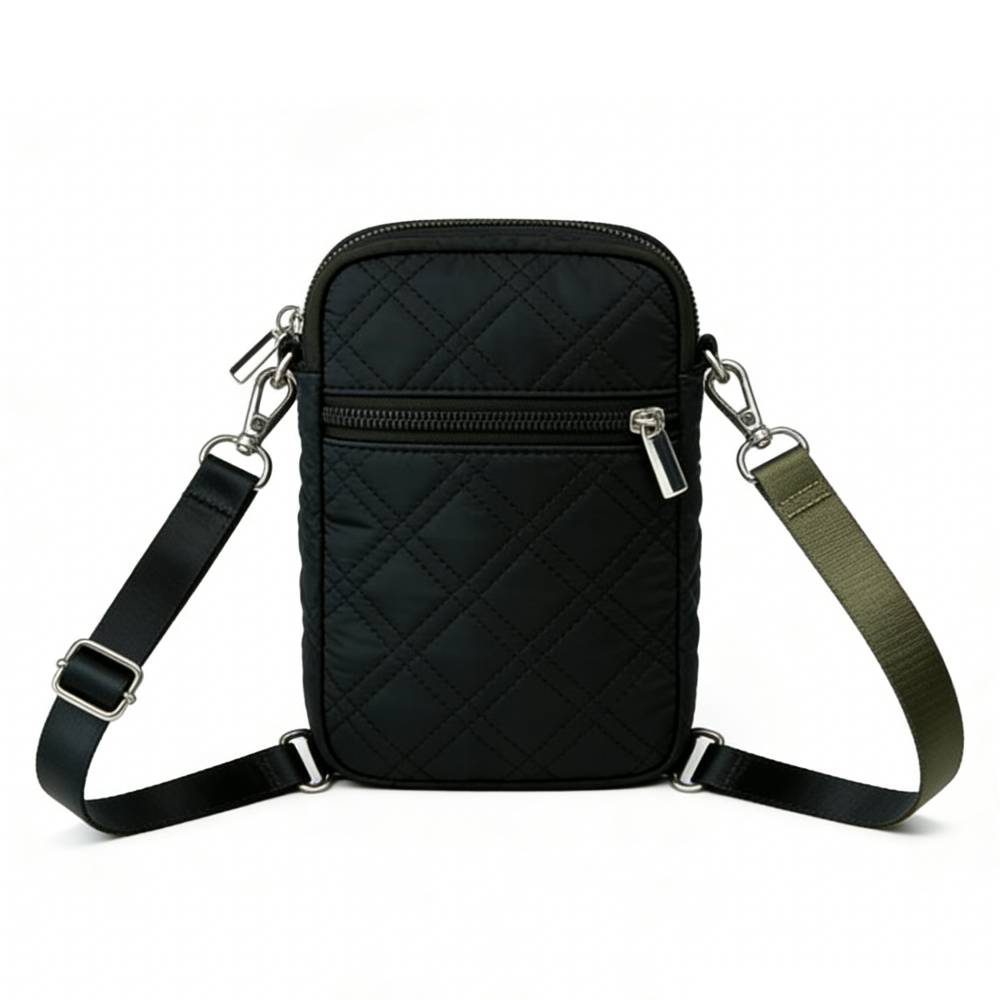Back view of a black quilted crossbody phone bag, displaying a clean diamond-quilted pattern and dual adjustable shoulder straps.