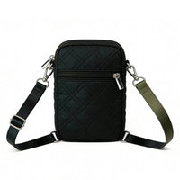 Back view of a black quilted crossbody phone bag, displaying a clean diamond-quilted pattern and dual adjustable shoulder straps.