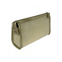 Side angled view of a medium beige zippered pouch, showing rectangular shape, zipper closure, and snap button tab with metal eyelet.
