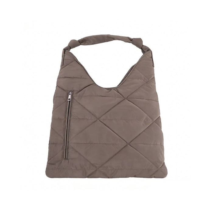 Taupe Quilted Nylon Hobo Bag with Zipper Pocket - Front View