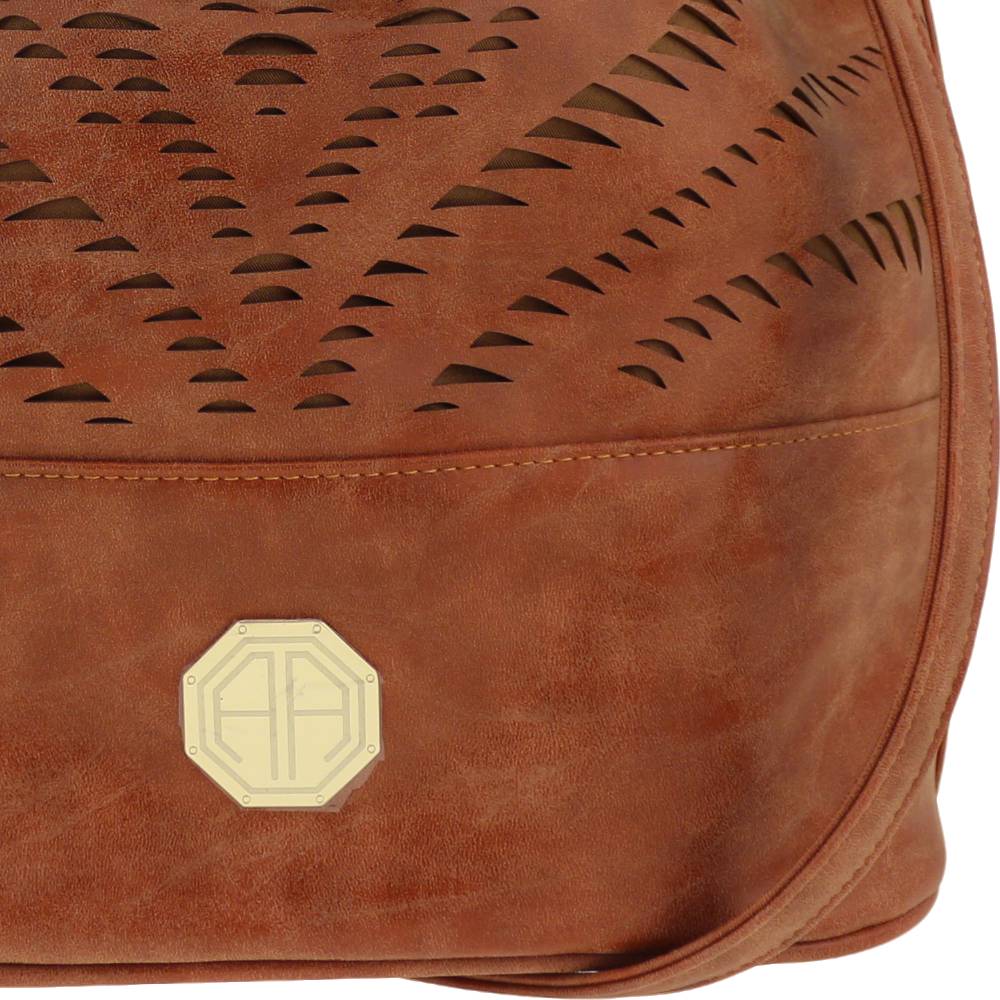 Tan Bucket Bag - Perforated Cutout & Gold Monogram Emblem Detail View