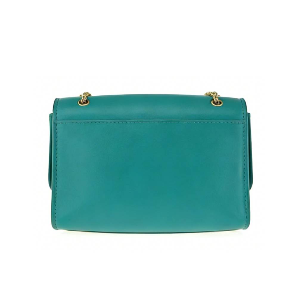 Back view of teal green leather flap bag with gold chain strap attachment, showing clean design and durable stitching.