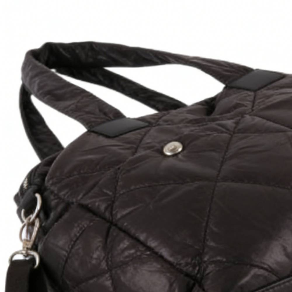 Black Quilted Tote Bag - Top Handle & Snap Button Closure Detail