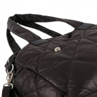Black Quilted Tote Bag - Top Handle & Snap Button Closure Detail