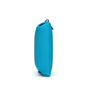 Angled view of a bright blue soft-sided toiletry bag, showing flexible fabric structure, black zipper, and functional loop handle.