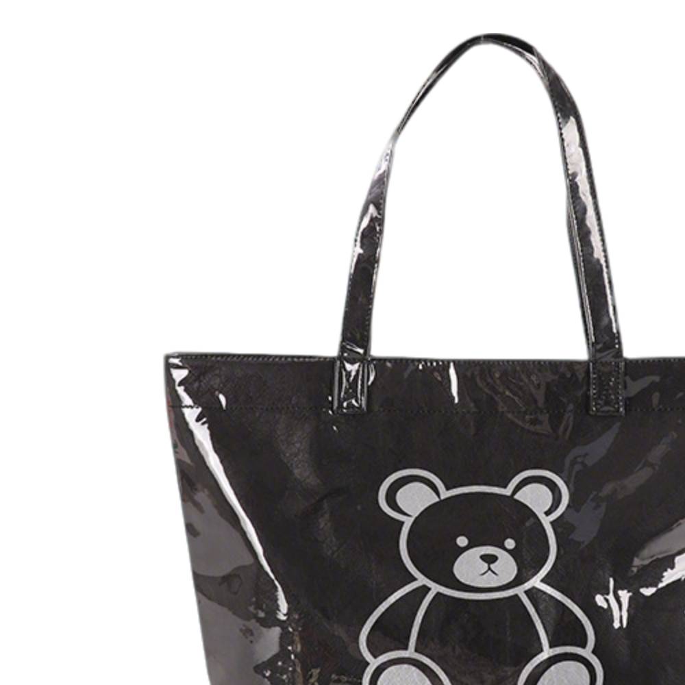 Black Glossy Tote Bag with Teddy Bear Print - Detail View