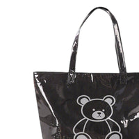 Black Glossy Tote Bag with Teddy Bear Print - Detail View