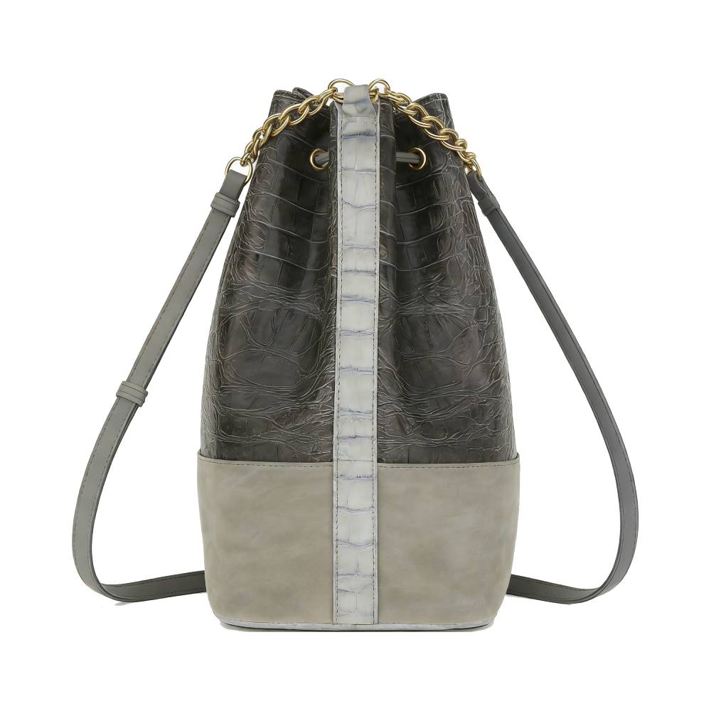 Gray bucket bag with detachable top handle and adjustable crossbody strap, elegant casual drawstring purse for women.