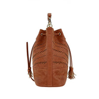 Tan brown leather bucket bag with wave laser-cut patterns, drawstring closure with tassel accents, top handle, and adjustable crossbody strap, durable bohemian shoulder bag for wholesale and everyday use.