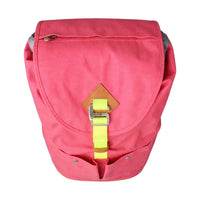 Pink Canvas Roll Top Backpack with Neon Green Strap & Leather Patch - Full Front View