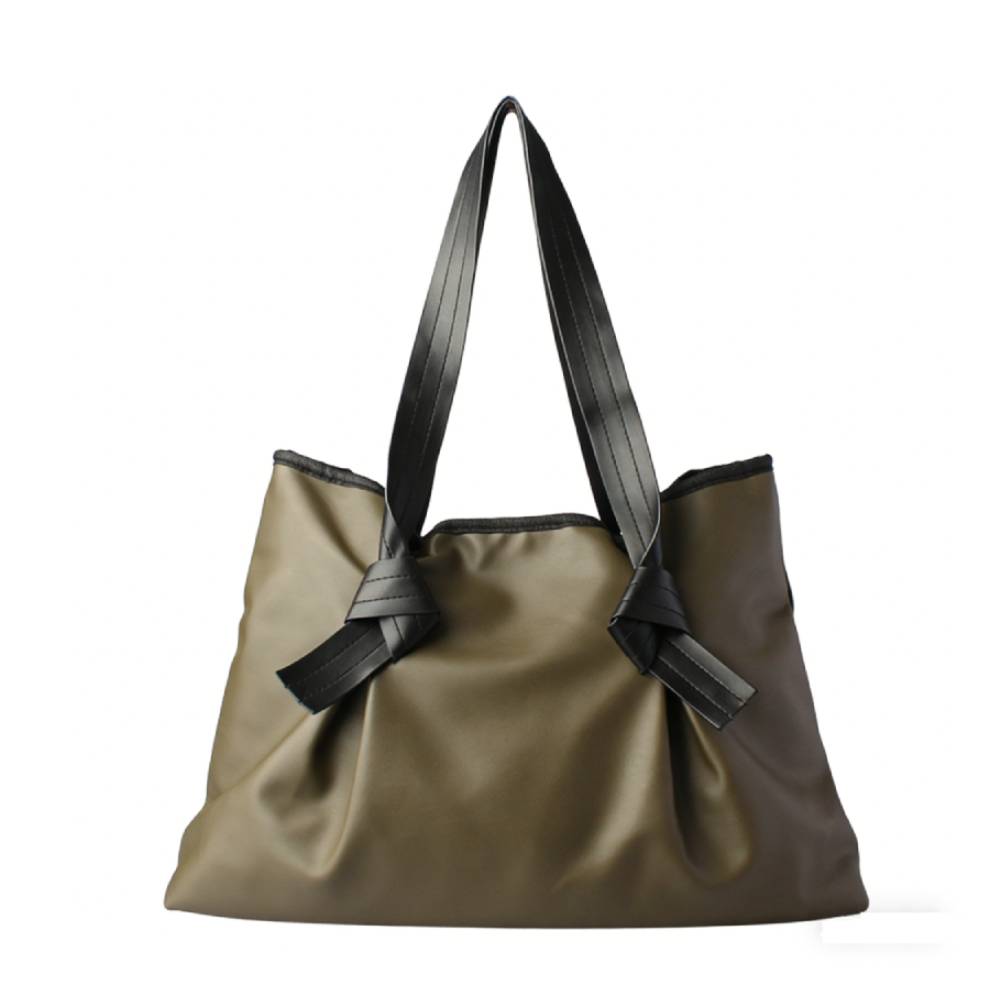 Olive Green Ruched Faux Leather Tote Bag with Black Knot Details - Full Front View