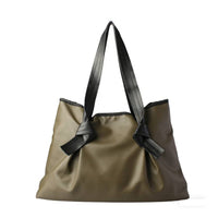Olive Green Ruched Faux Leather Tote Bag with Black Knot Details - Full Front View