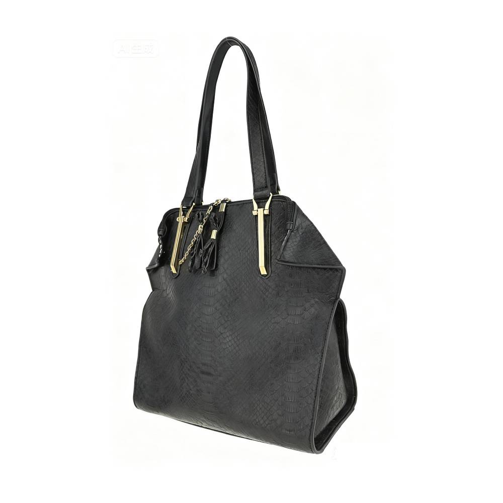 Side view of black embossed leather handbag with top handles, showing spacious capacity and durable construction.