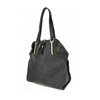 Side view of black embossed leather handbag with top handles, showing spacious capacity and durable construction.