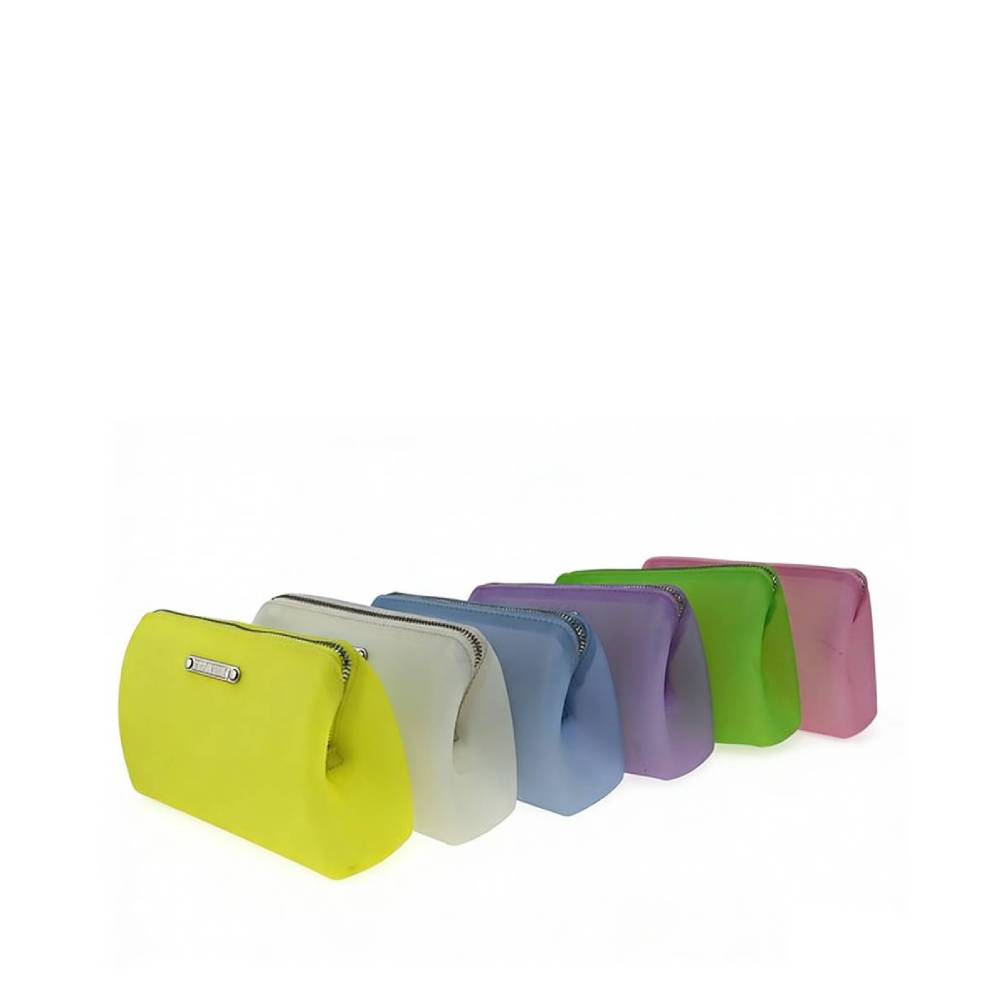 Set of six frosted translucent zippered pouches in assorted colors (neon yellow, white, light blue, purple, lime green, pink), displayed in a curved row to showcase full color variety for wholesale orders.